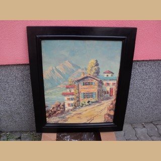 quadro paesaggio firmato con cornice nera in legno massello raffigurante casa con monti innevati 71x62